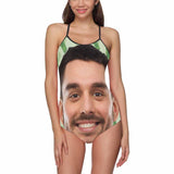 Custom Face Green Swimsuit Personalized Women's Slip One Piece Bathing Suit Honeymoons Party