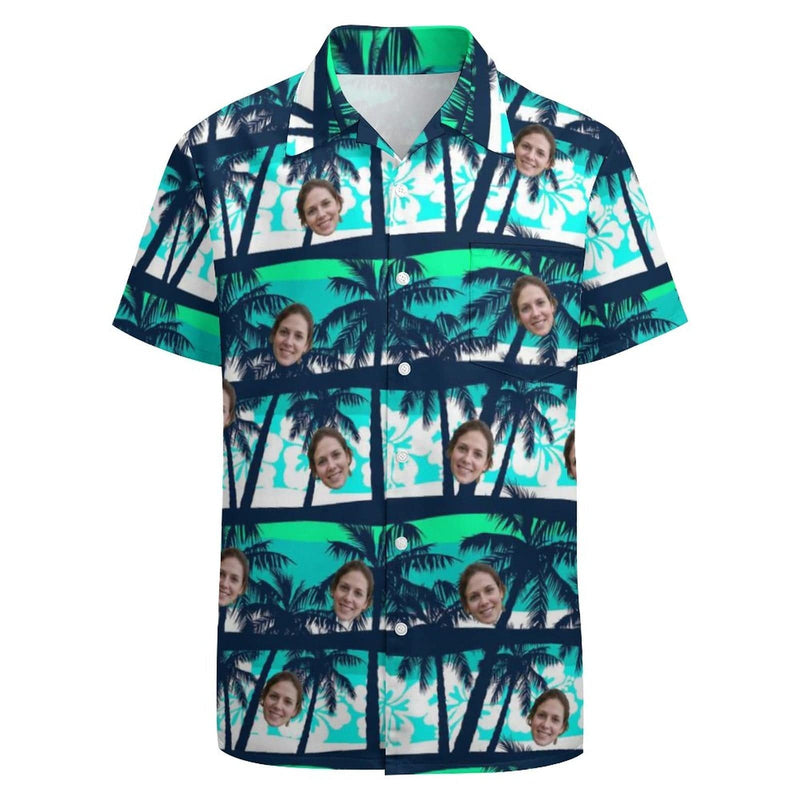Custom Face Coconut Tree Casual Shirt Men Front Pocket Shortsleeve Beach Pocket Hawaiian Shirt Personalized Shirt Design Your Own Gift