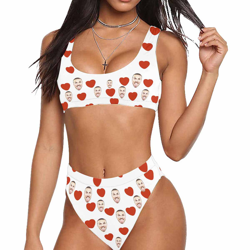 Custom Face Cartoon Heart Personalized Sport Top&High-Waisted Bikini Swimsuit Honeymoons For Her