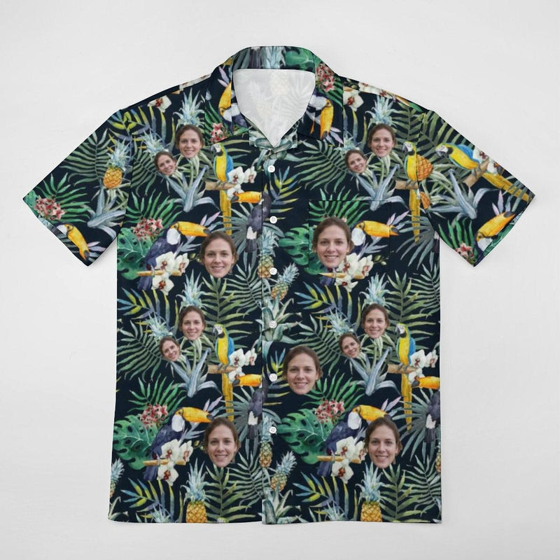 Custom Face Flower Parrot Casual Shirt Men Front Pocket Shortsleeve Beach Pocket Hawaiian Shirt Personalized Design Boyfriend Gift For Him