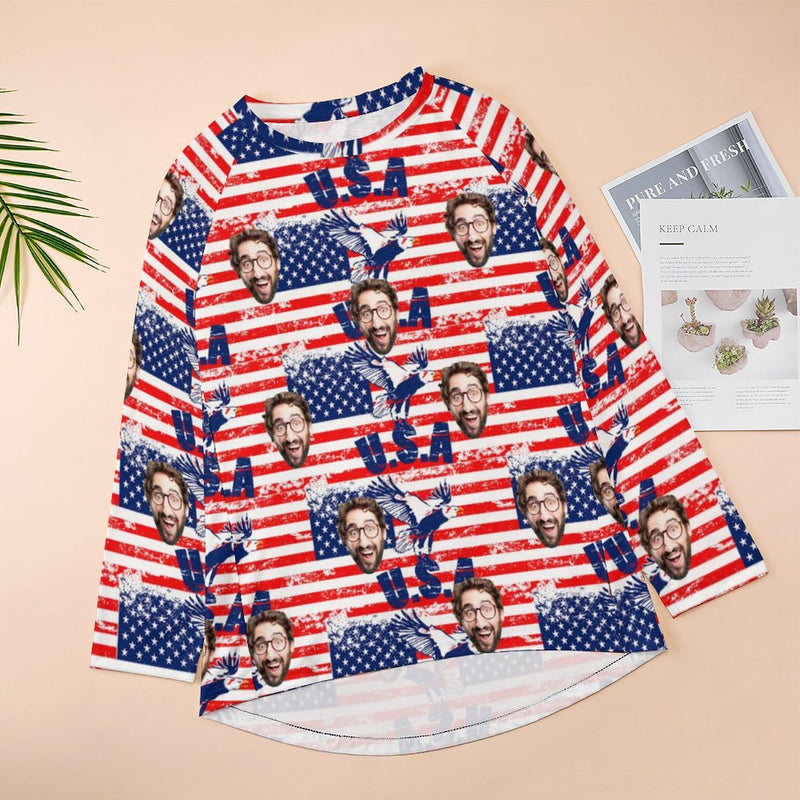 Custom Face USA Flag Women's T-Shirt Personalized BL Long Round Neck Long Sleeve T-Shirt