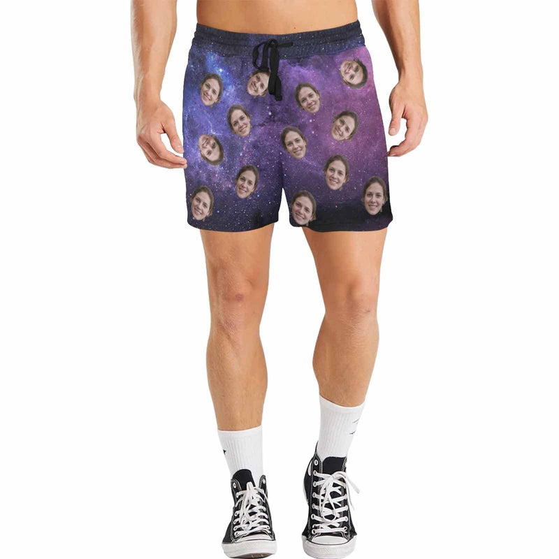 Custom Face Starry Sky Men's Quick Dry Swim Shorts, Personalized Funny Swim Trunks