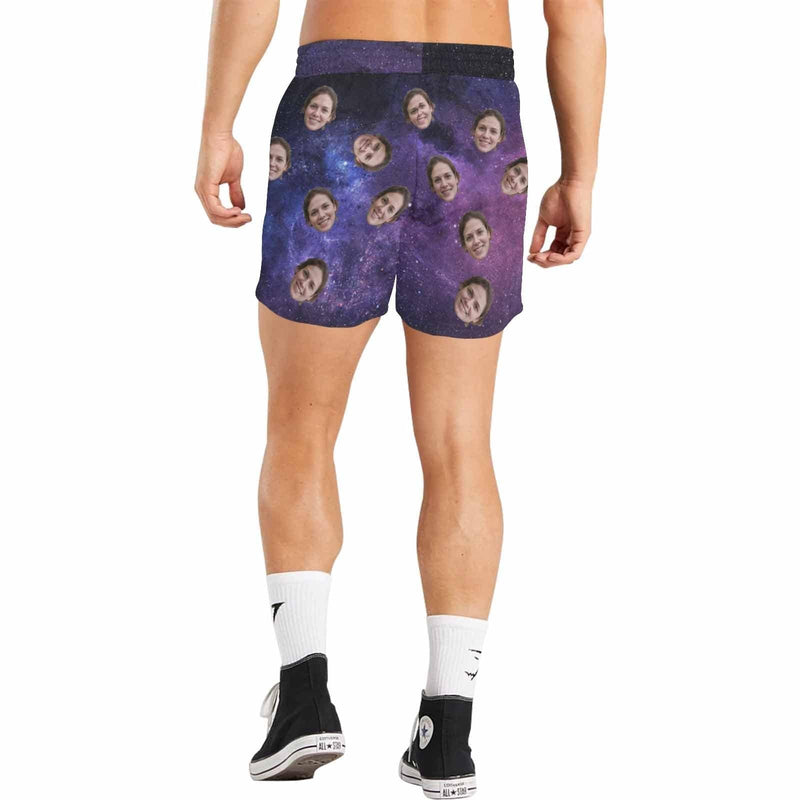 Custom Face Starry Sky Men's Quick Dry Swim Shorts, Personalized Funny Swim Trunks