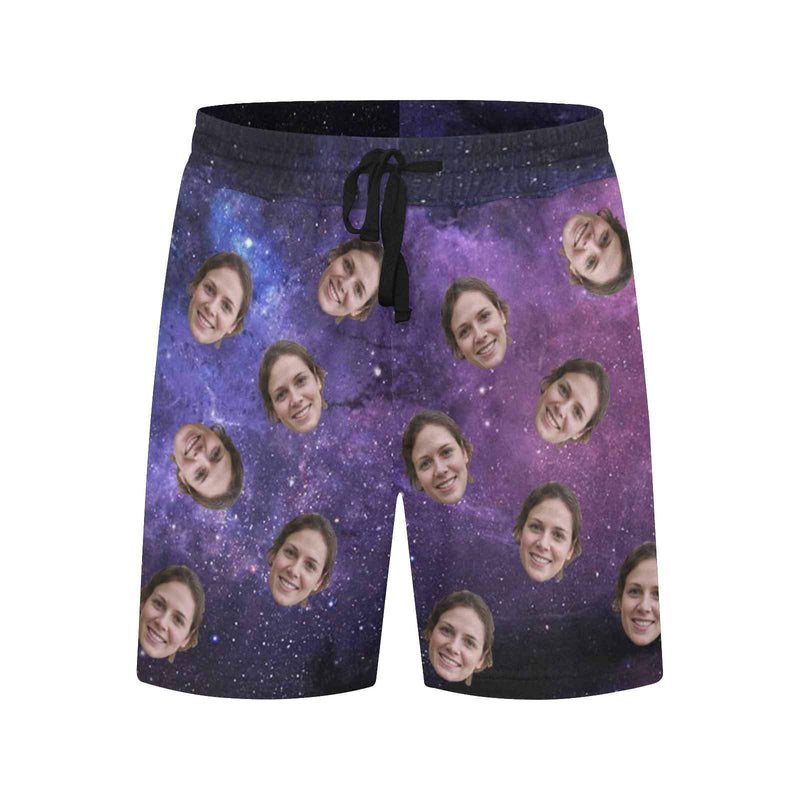 Custom Face Starry Sky Men's Quick Dry Swim Shorts, Personalized Funny Swim Trunks