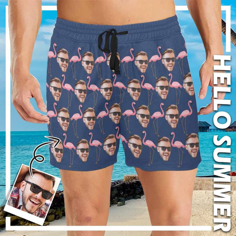 Custom Face Flamingo Men's Quick Dry Swim Shorts, Personalized Funny Swim Trunks