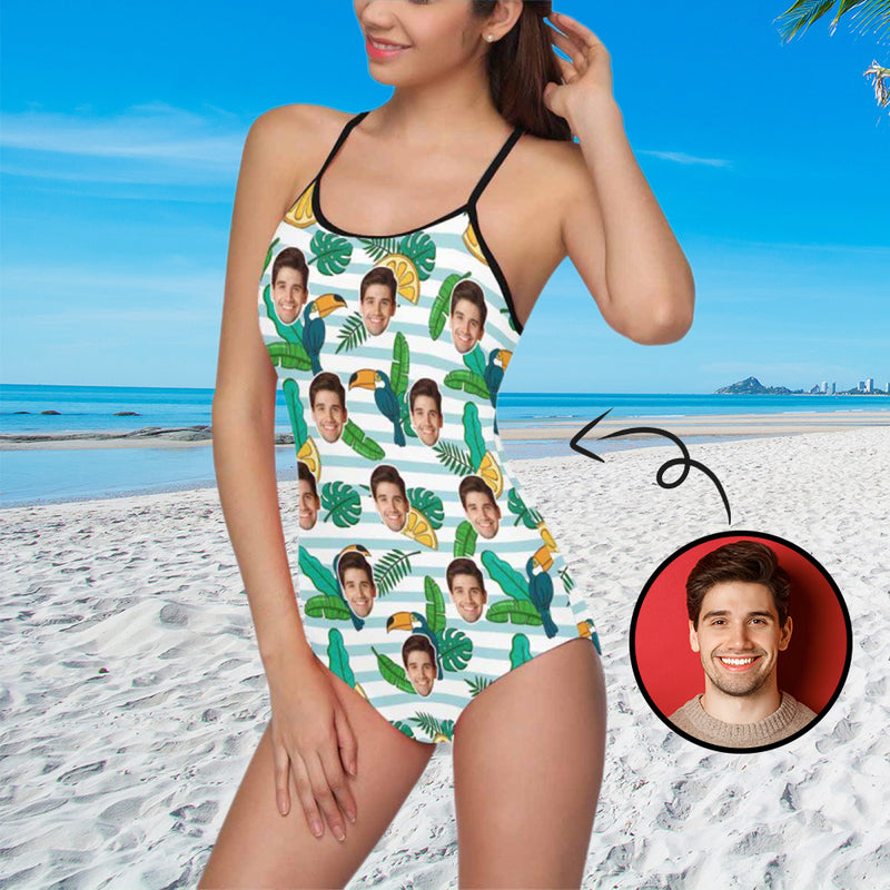 Custom Face Green Leaves And Orange Swimsuit Personalized Women's Slip One Piece Swimsuit