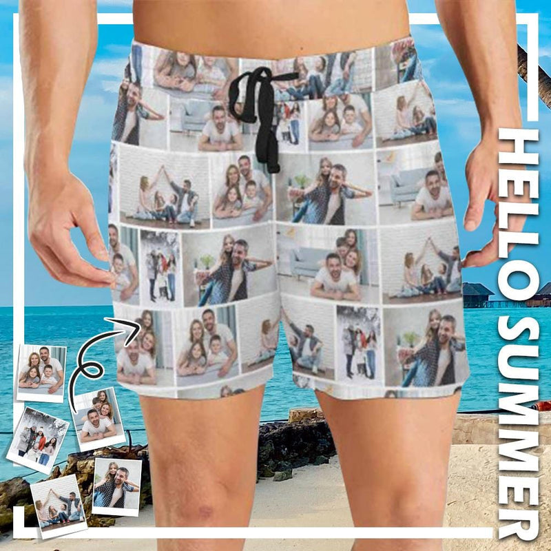 Custom Photo Happy Family Time Enjoy Men's Quick Dry Swim Shorts, Personalized Funny Swim Trunks