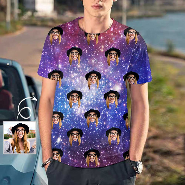 Custom Girlfriend Face Galaxy Starry Night Men's T-shirt Add Your Own Custom Image Design Unique Gift