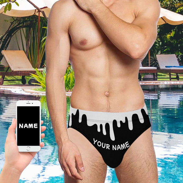 Custom Name Milk Flowing Black Men's Quick Dry Stretch Swimming Briefs