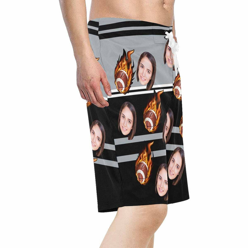 Custom Face Football Fire Personalized Photo Men's Beach Short-Drawstring Short