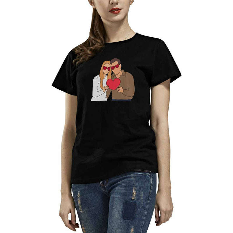 Custom Portrait Outline Shirt, Line Art Photo Shirt For Female, Custom Women's All Over Print T-shirt, Photo Outline Outfit For Couple Black