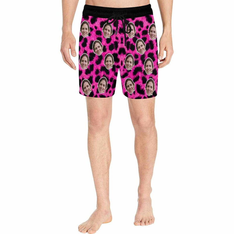 Custom Face Pink Leopard Men's Quick Dry Swim Shorts, Personalized Funny Swim Trunks