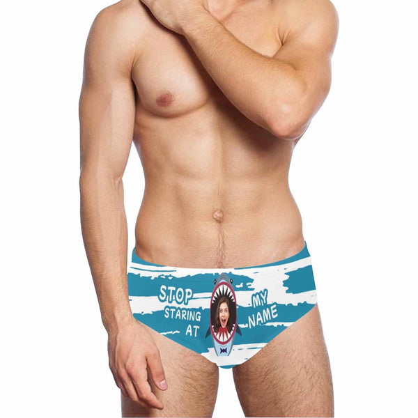 Custom Face & Name Staring At My Shark Men's Quick Dry Stretch Swimming Briefs