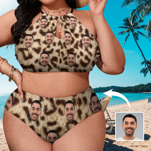 #Plus Size Swimwear-Custom Face Leopard Personalized Sexy Plus Size Bikini Two-piece Swimsuit Honeymoons Gift For Her