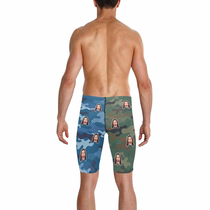 Custom Face Blue Green Camouflage Men's Skinny Stretch Knee Length Swim Trunks