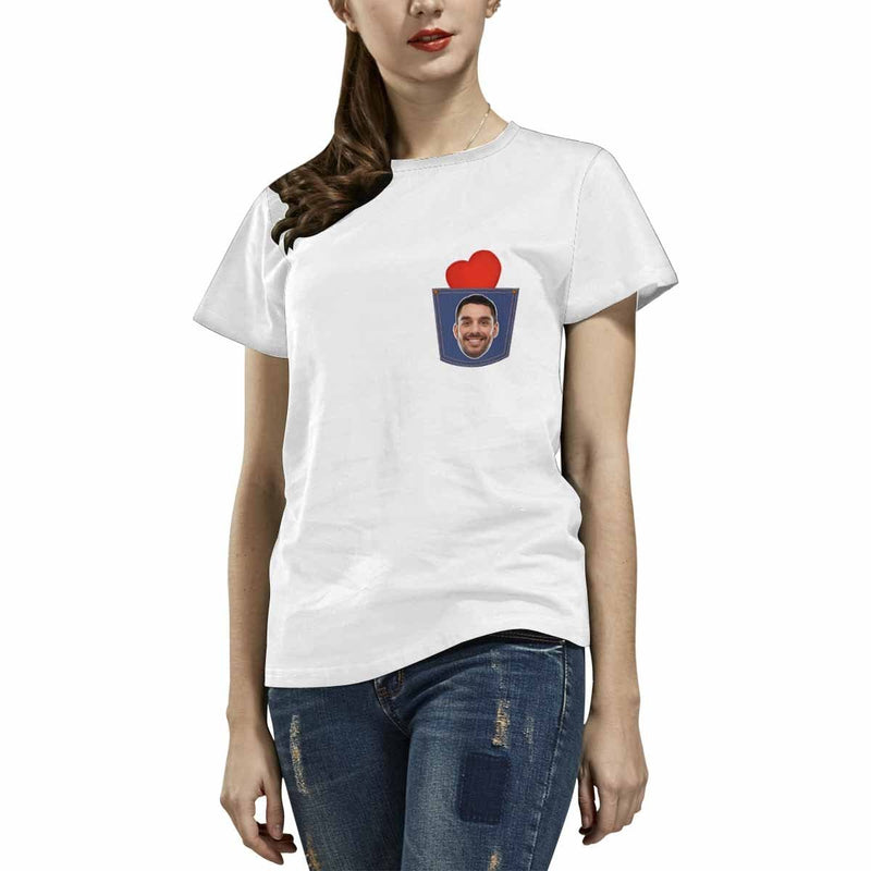 Custom T-shirt with Girlfriend Face Red Love Denim Pocket Matching Couple T Shirts Made for You Personalized Shirt