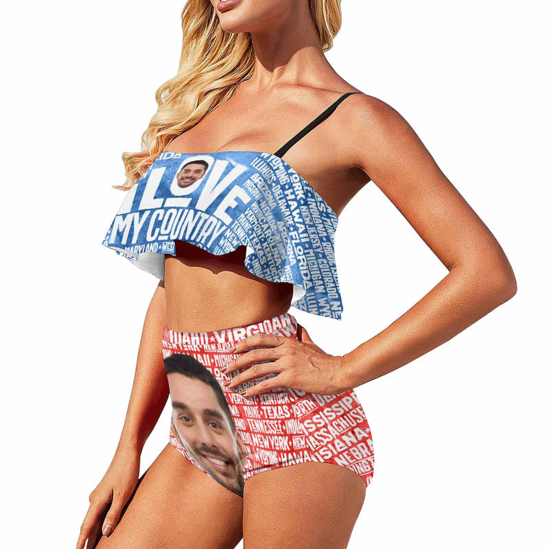 [Top Selling] Custom Face American Flag Personalized Bikini Swimsuit Ruffle Bathing Suits Celebrate Holiday Party