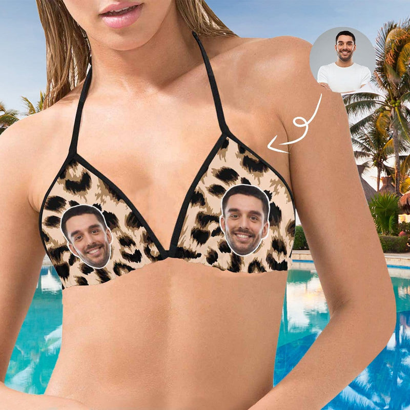 Custom Boyfriend Face Leopard Personalized Bikini Swimsuit Top