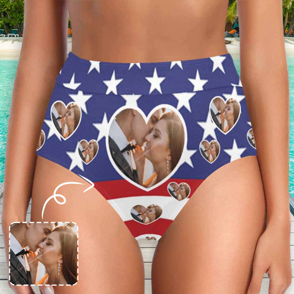 High Waisted Bikini Bottom-Custom Face USA Flag Personalized Photo Bikini Swimsuit Bottom