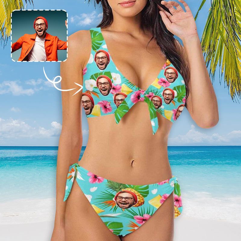 Custom Face Pineapple Sky Blue Bikini Personalized Women's Chest Strap Bikini Swimsuit