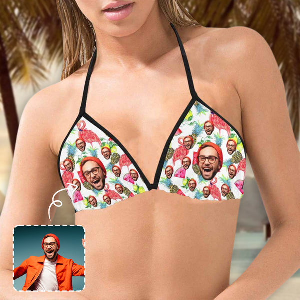 Custom Face Flamingo And Pineapple Bikini Personalized Summerwear Beach Swimsuit Top