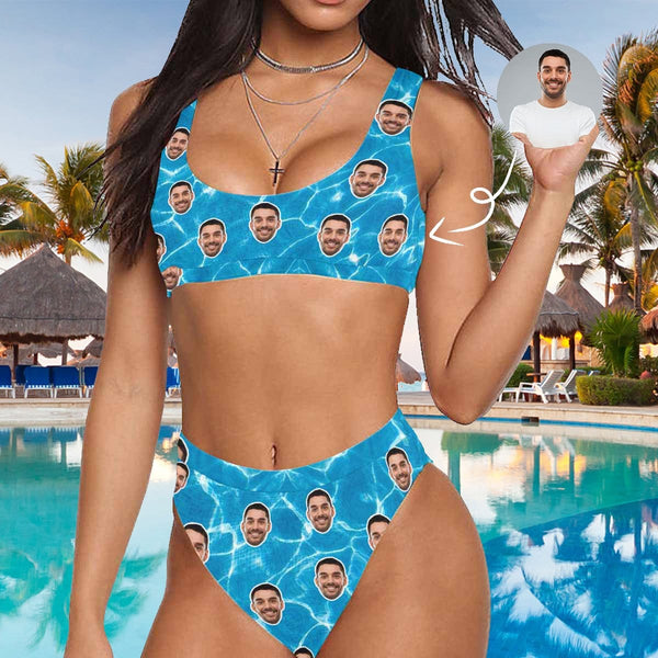 Custom Face Sea Personalized Sport Top & High-Waisted Bikini Swimsuit Vacation Pool Party