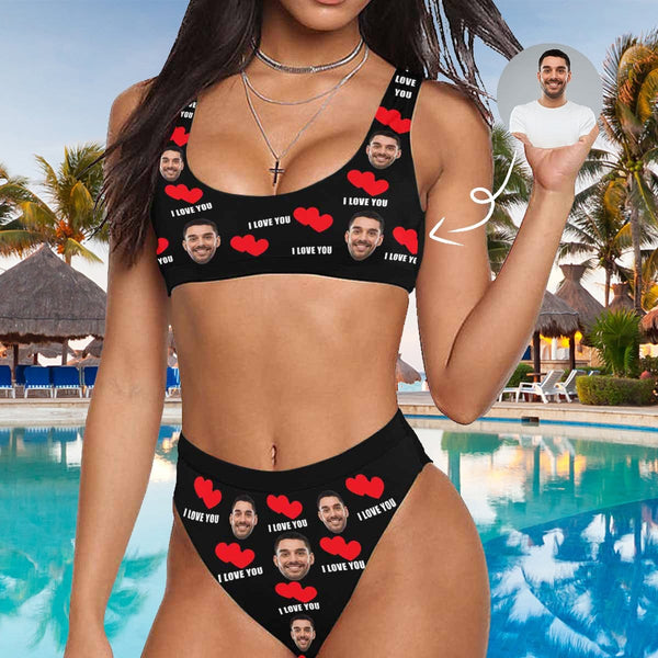 Custom Face Love Personalized Sport Top & High-Waisted Bikini Swimsuit Honeymoons For Her