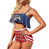 [Top Selling] Custom Face American Flag Personalized Bikini Swimsuit Ruffle Bathing Suits Celebrate Holiday Party