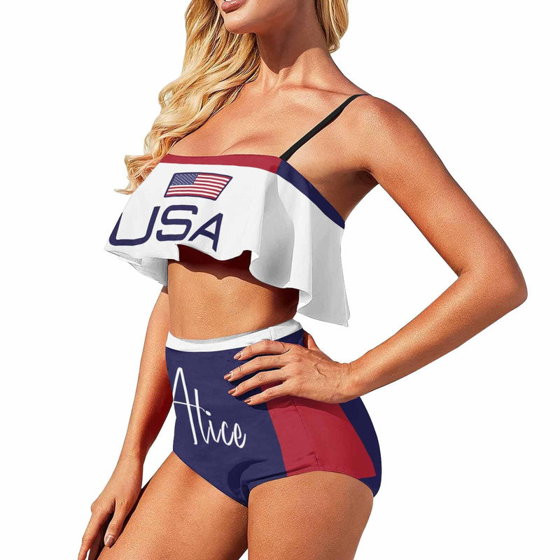 Custom Name USA Flag Bikini Personalized Women's Swimsuit Ruffle Bathing Suits