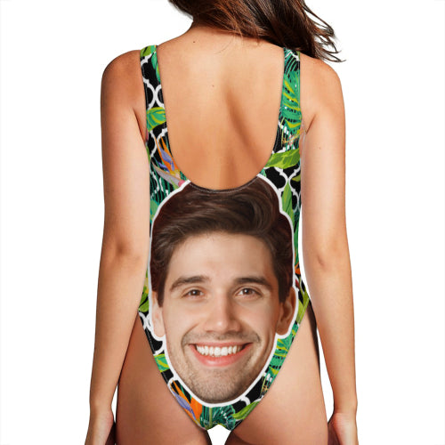 Custom Face One Piece Swimsuit Personalized Green Tank Top U-Neck Face Swimsuit