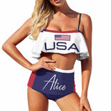 Custom Name USA Flag Bikini Personalized Women's Swimsuit Ruffle Bathing Suits