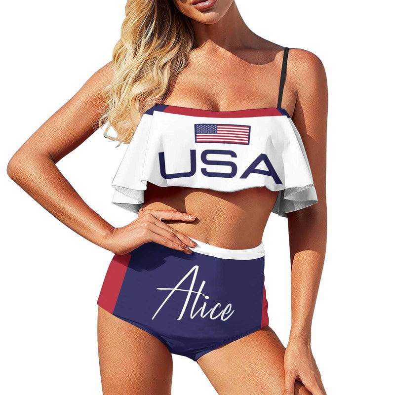 Custom Name USA Flag Bikini Personalized Women's Swimsuit Ruffle Bathing Suits