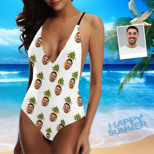 Custom Face White Pineaple Women's Lacing Backless One-Piece Swimsuit