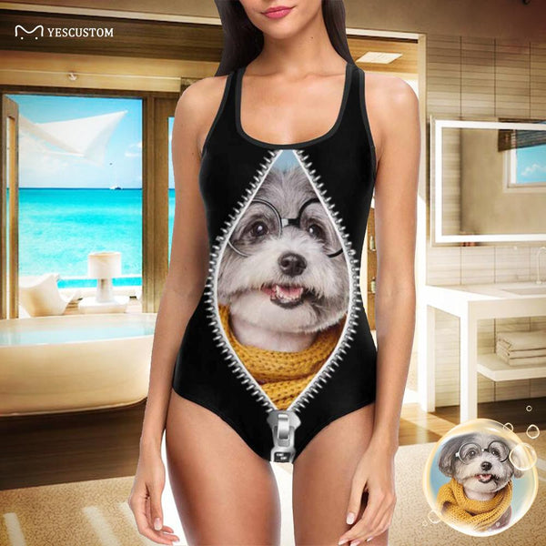 Custom Zipper Dog Face Women's One Piece Swimsuit