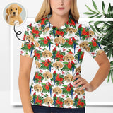 Custom Face Red Flowers Green Leaves Polo Shirt For Women, Personalized Photo Shirt, Customized Women's All Over Print Polo Shirt