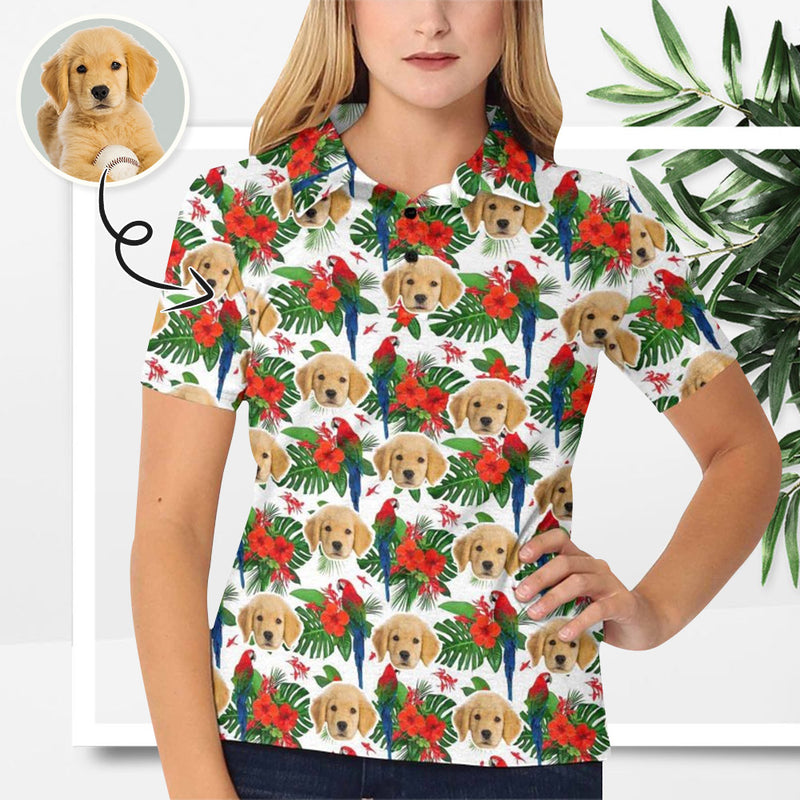 Custom Face Red Flowers Green Leaves Polo Shirt For Women, Personalized Photo Shirt, Customized Women's All Over Print Polo Shirt