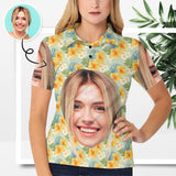 Custom Face Small Yellow Flowers Polo Shirt For Women, Personalized Photo Shirt, Customized Women's All Over Print Polo Shirt