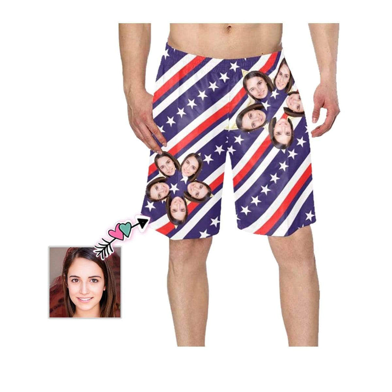 Custom Face Stars Stripes Personalized Photo Men's Elastic Beach Short