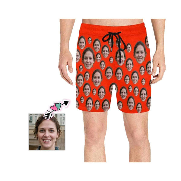 Custom Face Red Simple Men's Quick Dry Swim Shorts, Personalized Funny Swim Trunks