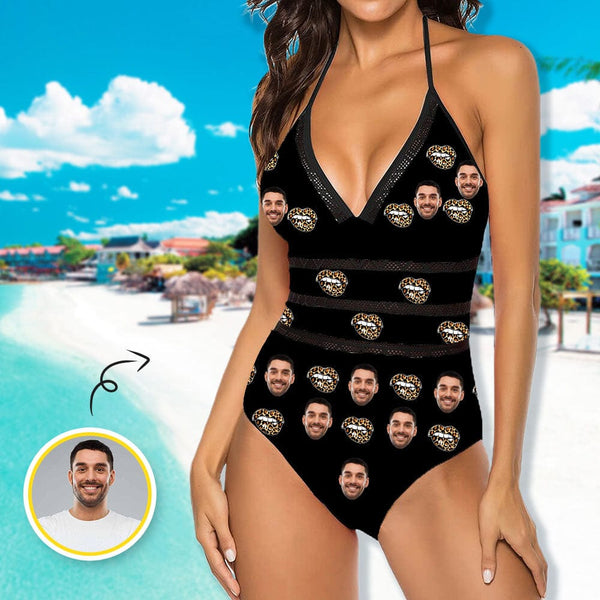 Custom Face Black Theme Swimsuit Personalized Women's New Strap One Piece Bathing Suit Gift For Her