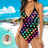 Custom Face Colorful Heart Swimsuit Personalized Women's New Strap One Piece Bathing Suit Birthday Party Gift