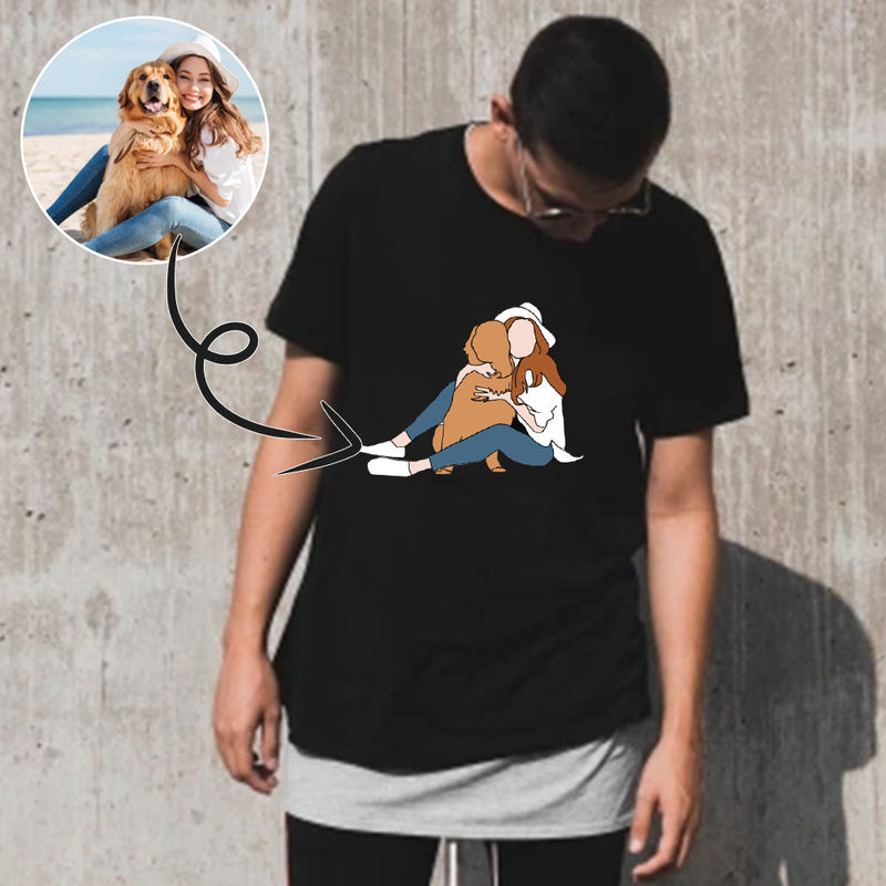 Custom Portrait Outline Shirt, Line Art Photo Shirt For Male, Custom Men's All Over Print T-shirt, Photo Outline Outfit With Pet Black