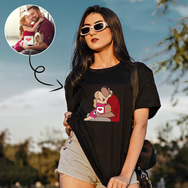 Custom Portrait Outline Shirt, Line Art Photo Shirt For Female, Custom Women's All Over Print T-shirt, Photo Outline Outfit For Daughter Black