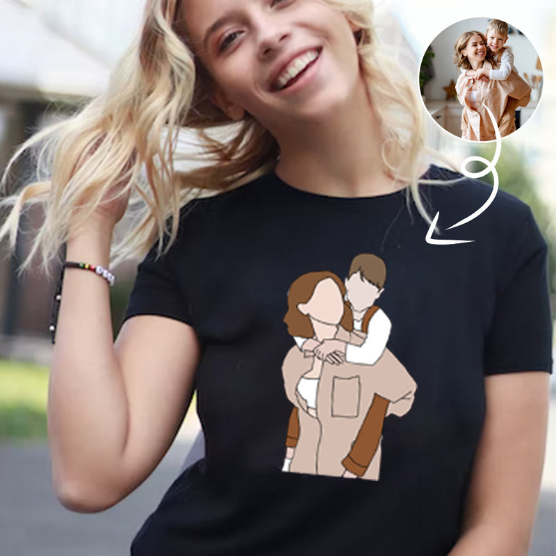 Custom Portrait Outline Shirt, Line Art Photo Shirt For Female, Custom Women's All Over Print T-shirt, Photo Outline Outfit For Mother Black