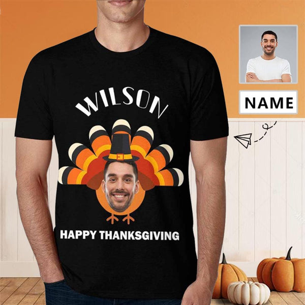 Custom Photo&Name Happy Thanksgiving Print T-shirt Put Your Face on Tshirt with Custom Image