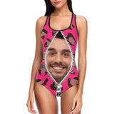 Custom Face Pink Leopard Zipper Swimsuit Personalized Women's Tank Top Bathing Swimsuit