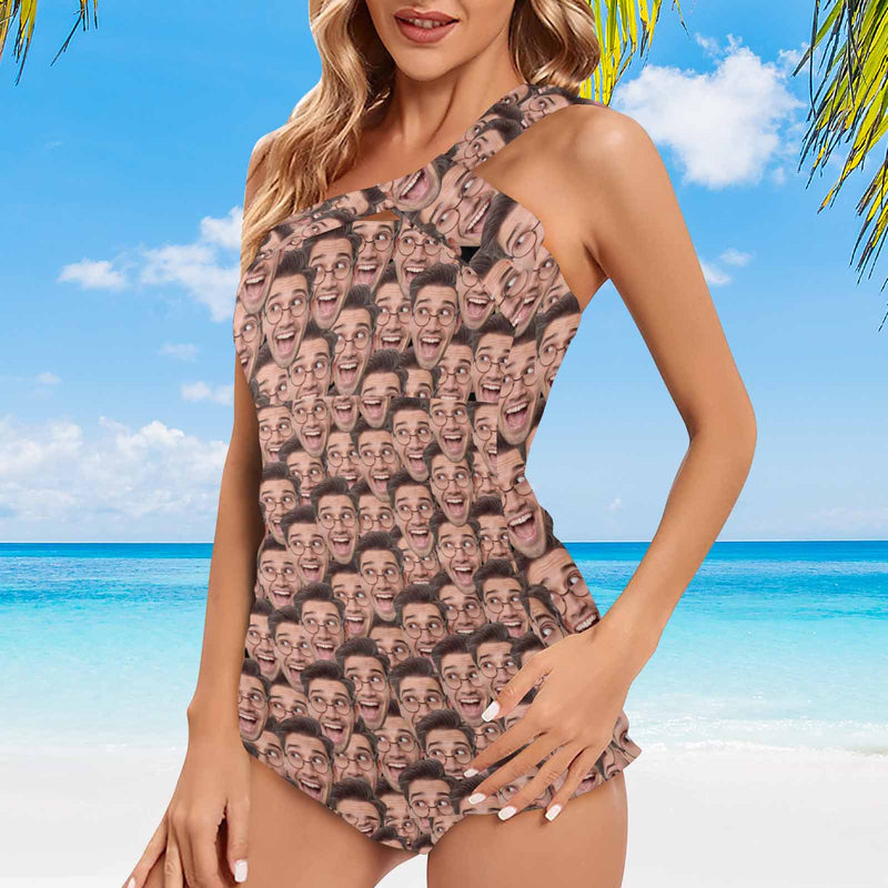 Custom Multi-Face Tankini With Face Personalized Face Women's One Shoulder Two Piece Bathing Suit