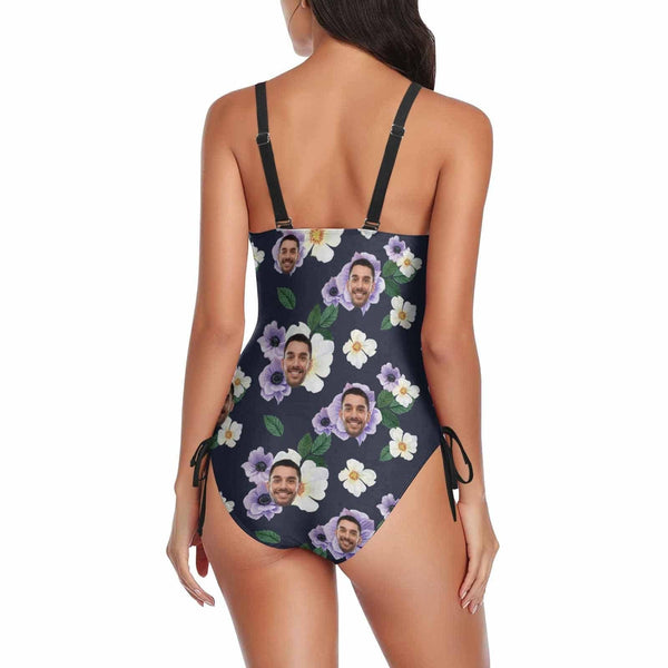 Custom Face Purple Flower Women's New Drawstring Side One Piece Swimsuits