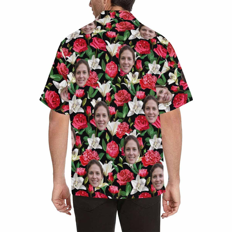 Custom Face Hawaiian Shirt Rose&Lily Flowers Design Your Own Tropical Printing Hawaiian Shirt for Husband/Boyfriend