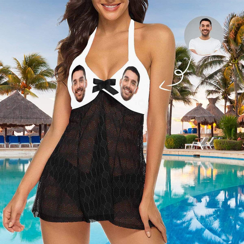 Custom Face White Swimsuit Personalized Beach Cover Up Bikini Beachwear Bathing Suit Beach Dress Women's Swimming Dress